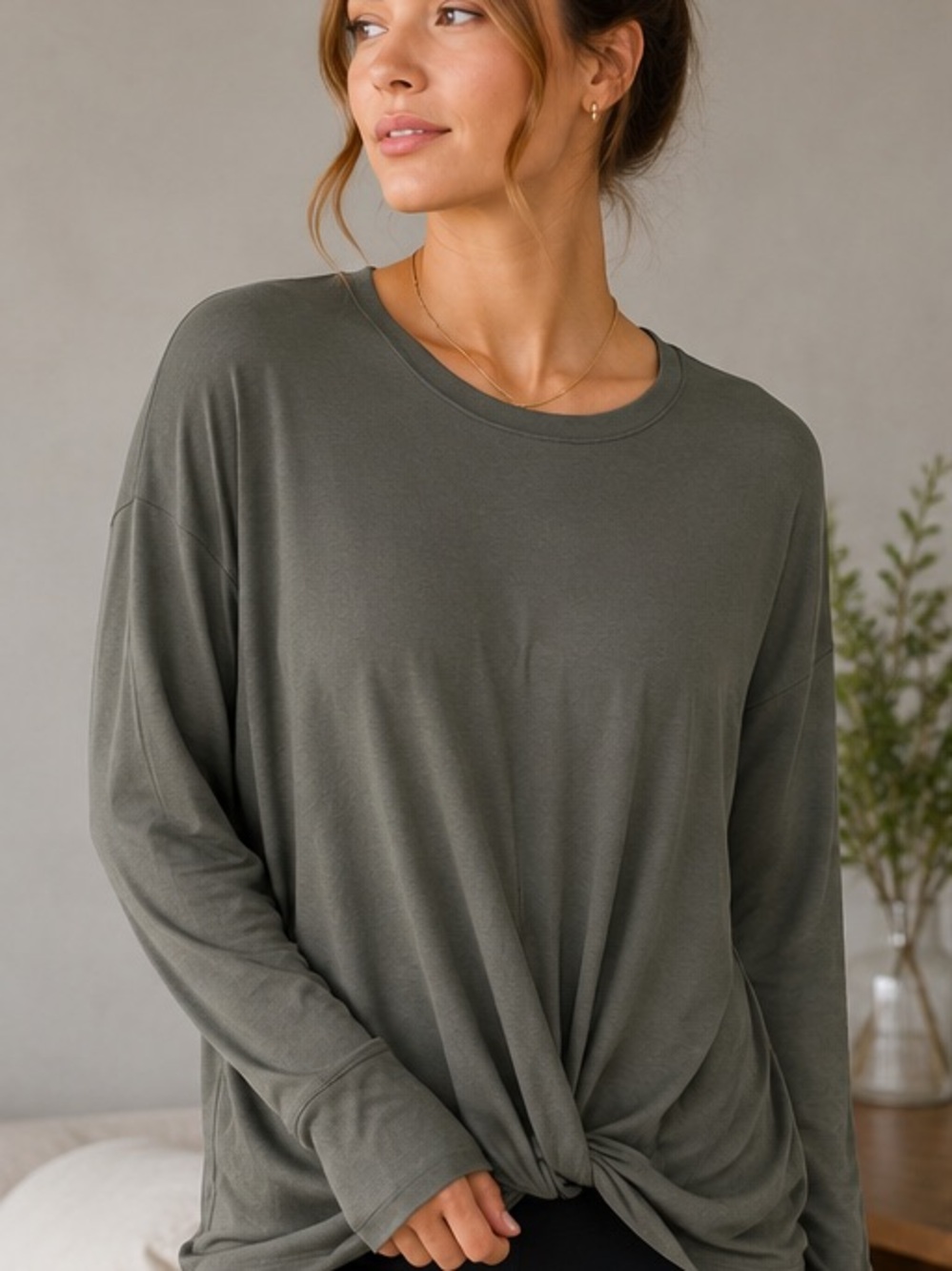 Knot Front Long Sleeve Top lightweight knit sweatshirt - Olive army green
